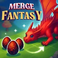 Merge Fantasy game thumbnail showing red dragon and dragon eggs on a fantasy island grid in a merge dragons style.